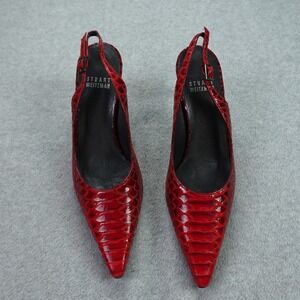 Stuart Weitzman Shoes Womens 4.5 Red Snakeskin Singing Slingback Kitten Heel